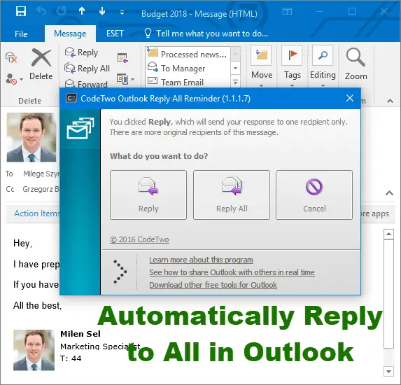 全員に返信リマインダー プラグインを使用して Outlook で全員に自動的に返信する方法