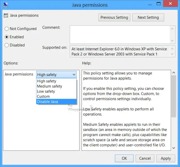 Windows 11 のグループ ポリシー エディターを使用して Java アクセス許可を無効化または変更する