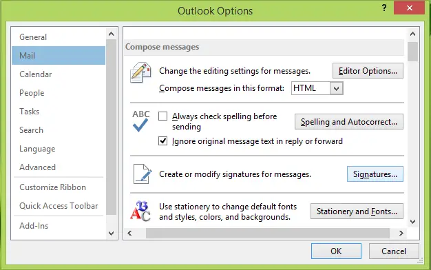 Windows 11/10 の Outlook で電子メール署名を追加できない
