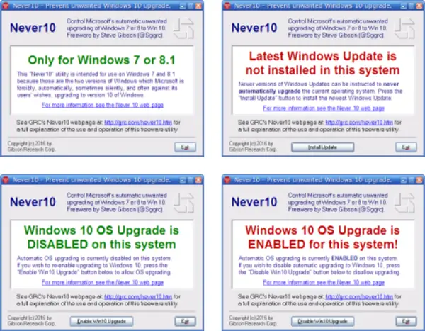 Never10 を使用して Windows 10 アップグレードをブロックする、Windows 10、GWX は使いたくない