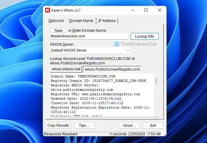 PC 用 WhoIs クライアントを使用して Web サイトに関する WhoIs 情報を調べる