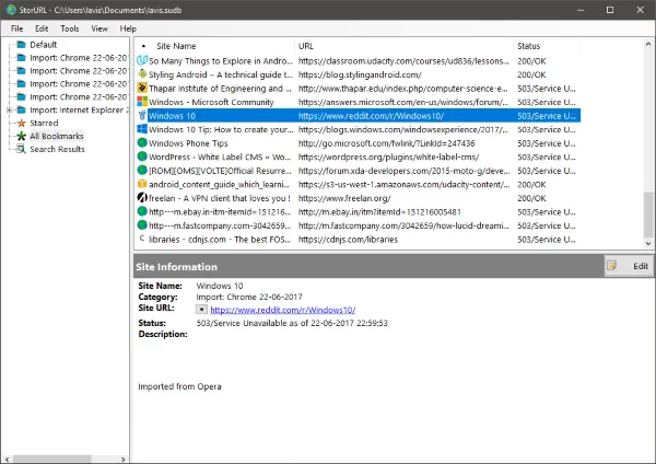 StorURL: Windows 11/10 用クロスブラウザー ブックマーク マネージャー