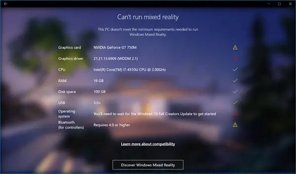 お使いの PC が Windows Mixed Reality をサポートしているかどうかを確認してください