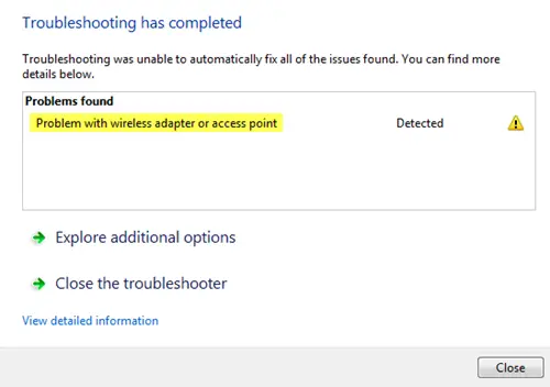 ネットワーク診断トラブルシューティング ツールでワイヤレス アダプターまたはアクセス ポイントに問題があると表示される