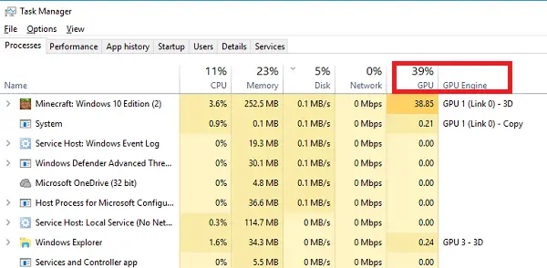 Windows 11/10のタスクマネージャーを使用してGPU使用率を監視する方法