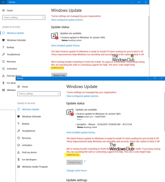 インストールを完了するための再起動に問題が発生しています: 0x8024a11a、0x8024a112、0x80070005
