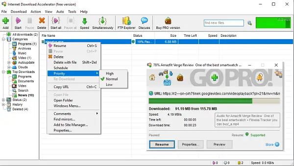 Internet Download Accelerator Free はファイルのダウンロードを高速化して再開します