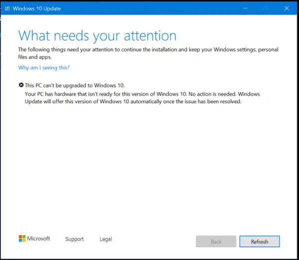 お使いの PC には、このバージョンの Windows に対応していないハードウェアが搭載されています