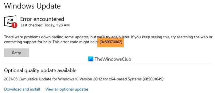 0x80070002 Windows Updateエラーコードを修正