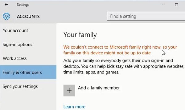 現在 Microsoft ファミリに接続できませんでした