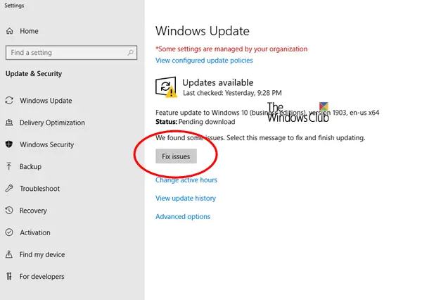 Windows Updateページの「問題を修正」ボタン