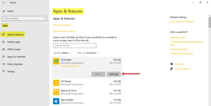 Windows 10 のアプリと機能の設定