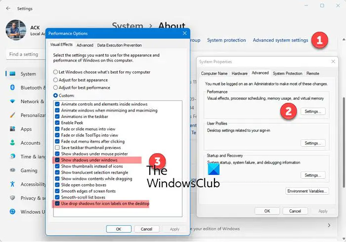 エクスプローラー ウィンドウからシャドウ効果を削除し、Windows 11/10 のアイコン ラベルのドロップ シャドウを削除します。