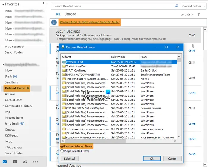 Outlook の削除済みアイテム フォルダーから削除されたアイテムを復元する