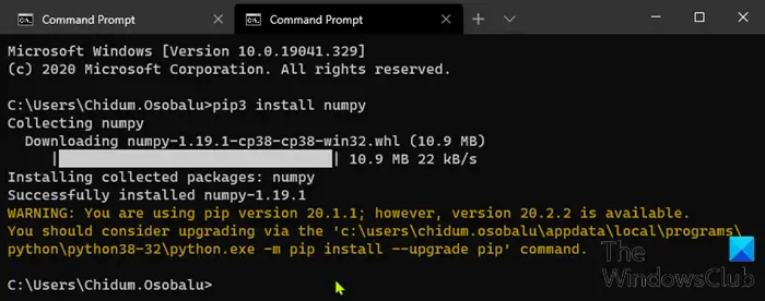 Windows 11/10でPIPを使用してNumPyをインストールする方法
