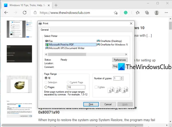 Windows 11/10のMicrosoft Edgeでシステム印刷ダイアログを有効にする