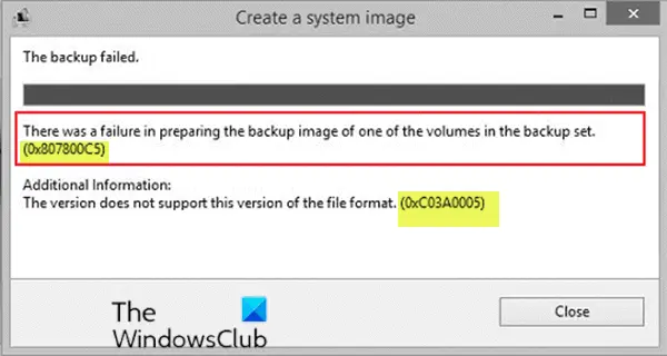 システム イメージのバックアップに失敗しました。エラー コード 0x807800C5、0xC03A0005