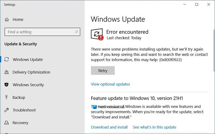 Windows 11/10の0x800F0922 Windows Updateエラーを修正