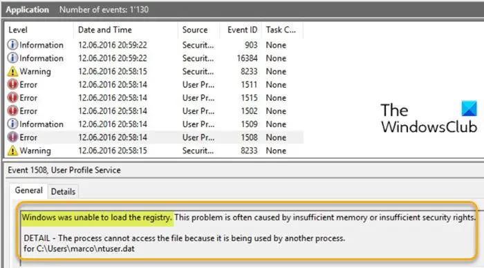 Windows がレジストリ エラーを読み込めませんでした、イベント ID 1508