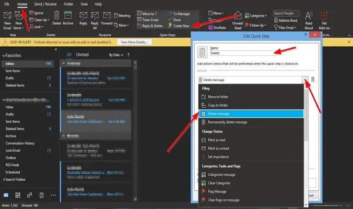 Outlook でクイック ステップを作成、編集、削除する方法