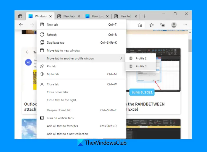 Edgeブラウザでタブを別のプロファイルウィンドウに移動する方法