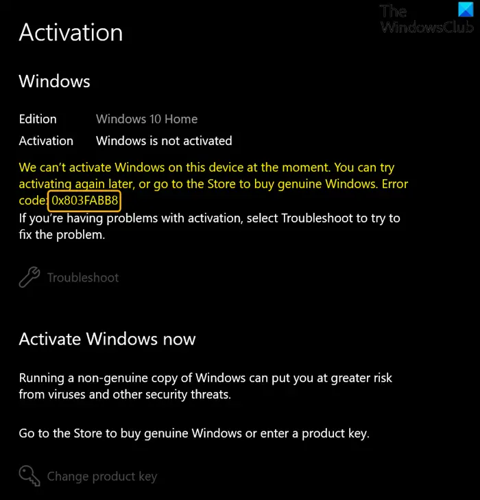 Windows 11/10のアクティベーションエラーコード0x803FABB8を修正