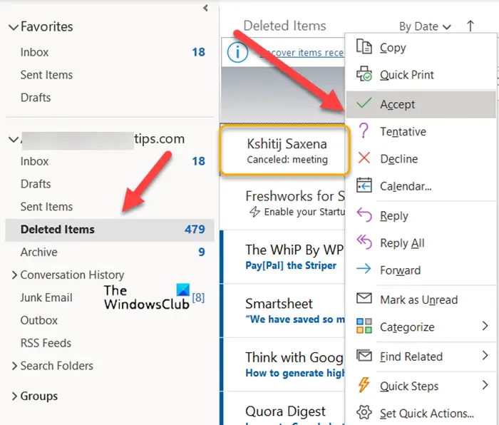 Outlook で以前に拒否された会議出席依頼を受け入れる方法