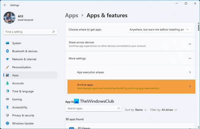 Windows 11/10 のアプリのアーカイブ機能: アプリのアーカイブを有効または無効にする方法