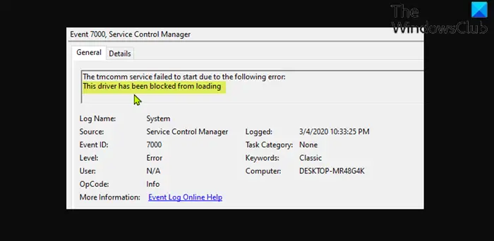 このドライバーはロードがブロックされています。Windows 11 のイベント ID 7000