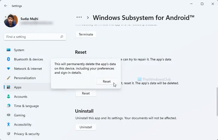 Windows 11 で Windows Subsystem for Android (WSA) をリセットする方法