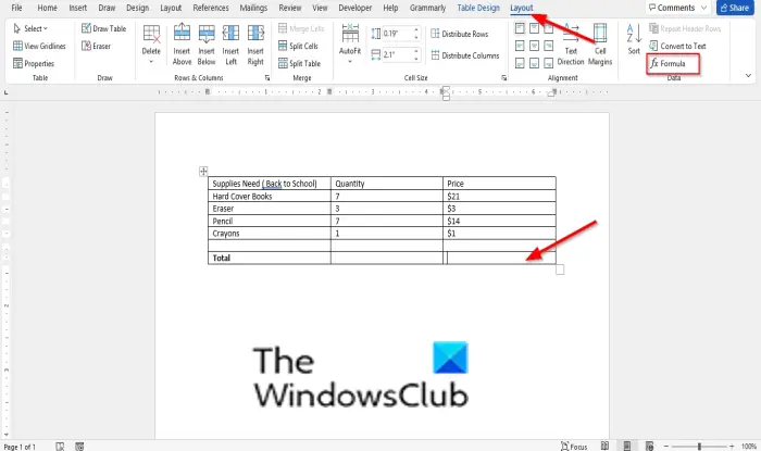 Word の表の数値の列または行を合計する方法