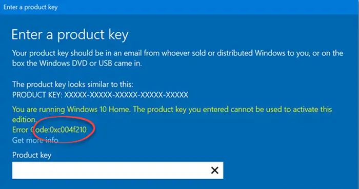 無効なプロダクト キー Windows ライセンス認証エラー 0xC004F210