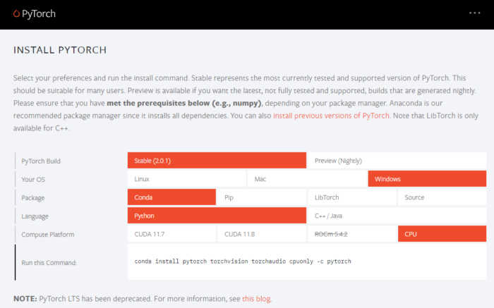 PyTorch installation details