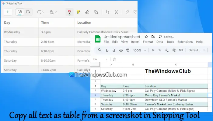 Snipping Tool のスクリーンショットからすべてのテキストをテーブルとしてコピーする方法